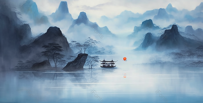 小船漂流山川湖泊景色自然意境中国山水国风水墨画背景,插画/手绘图,插画/手绘图库,插画/手绘图下载,插画/手绘